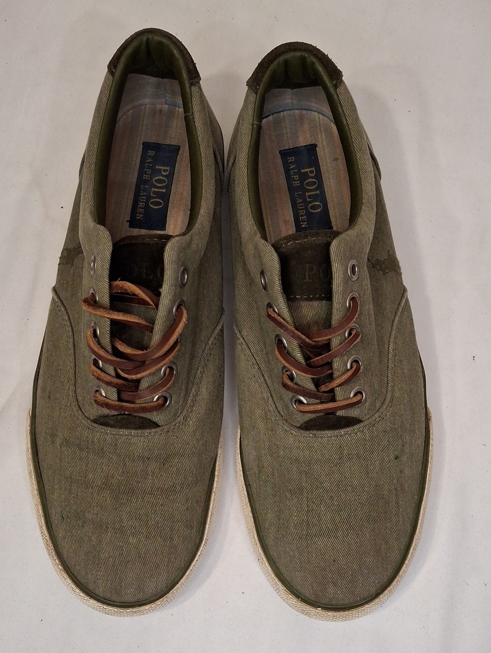 Polo by Ralph Lauren Mens Olive Canvas Low-Top Vaughn Sneakers with Brown Laces